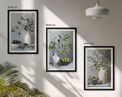 Wanddecoratieset schilderijen olijven in vazen in ingetogen kleurtinten