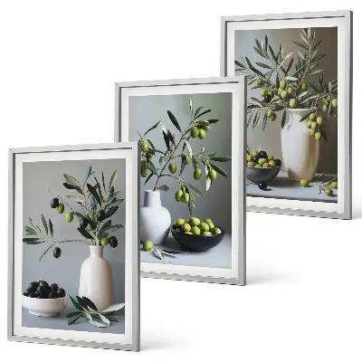 Wanddecoratieset schilderijen olijven in vazen in ingetogen kleurtinten