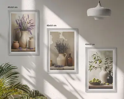 Fotowand met bloemen in olijfkleurige vazen