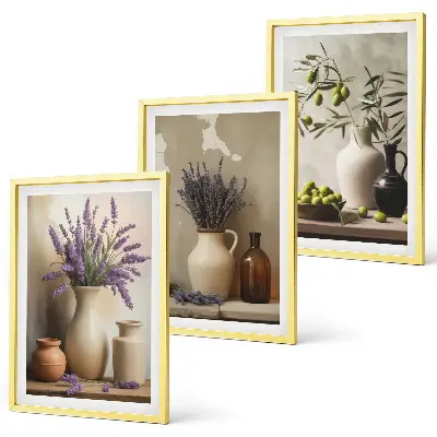 Fotowand met bloemen in olijfkleurige vazen
