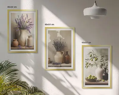 Fotowand met bloemen in olijfkleurige vazen