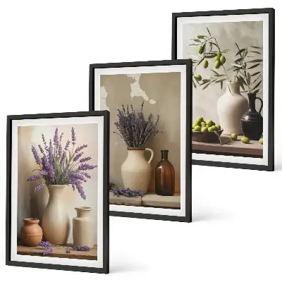 Fotowand met bloemen in olijfkleurige vazen