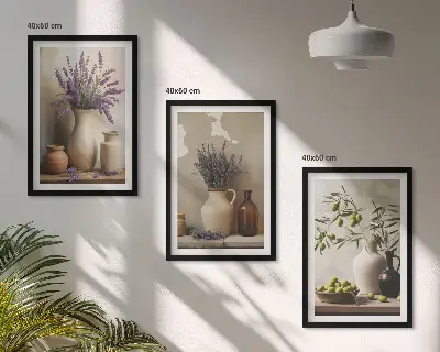 Fotowand met bloemen in olijfkleurige vazen