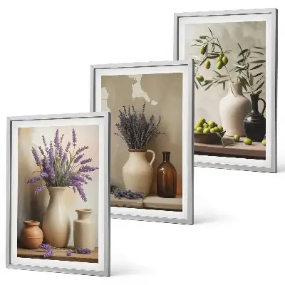 Fotowand met bloemen in olijfkleurige vazen