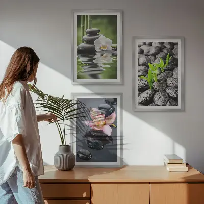 Wanddecoratieset schilderijen rustige compositie met zen bloemen en water