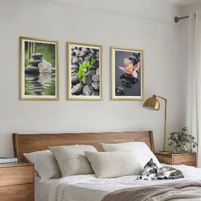 Wanddecoratieset schilderijen rustige compositie met zen bloemen en water