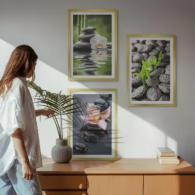 Wanddecoratieset schilderijen rustige compositie met zen bloemen en water