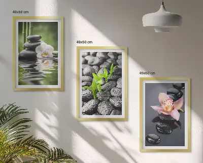 Wanddecoratieset schilderijen rustige compositie met zen bloemen en water