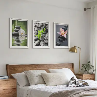 Wanddecoratieset schilderijen rustige compositie met zen bloemen en water