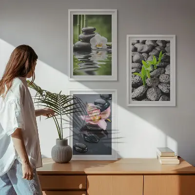 Wanddecoratieset schilderijen rustige compositie met zen bloemen en water