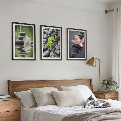 Wanddecoratieset schilderijen rustige compositie met zen bloemen en water