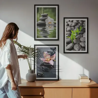 Wanddecoratieset schilderijen rustige compositie met zen bloemen en water