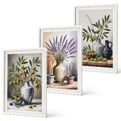 Wanddecoratieset met schilderijen olijftakken in vazen op de achtergrond