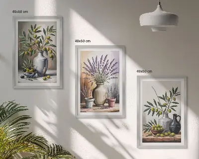 Wanddecoratieset met schilderijen olijftakken in vazen op de achtergrond