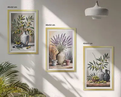 Wanddecoratieset met schilderijen olijftakken in vazen op de achtergrond