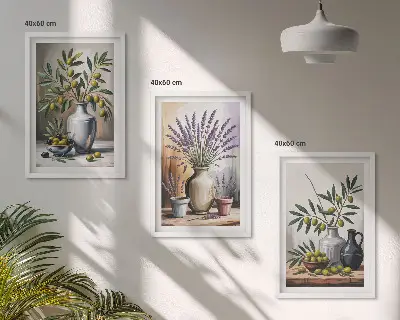 Wanddecoratieset met schilderijen olijftakken in vazen op de achtergrond