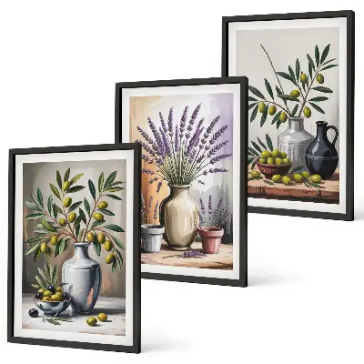 Wanddecoratieset met schilderijen olijftakken in vazen op de achtergrond
