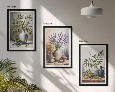 Wanddecoratieset met schilderijen olijftakken in vazen op de achtergrond