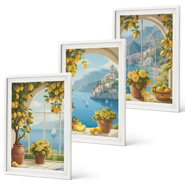 Wanddecoratieset schilderijen zeelandschappen met citroenen en ramen