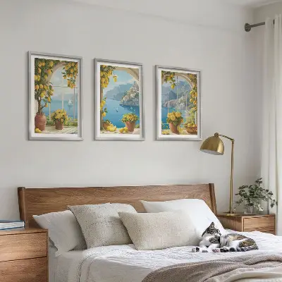 Wanddecoratieset schilderijen zeelandschappen met citroenen en ramen