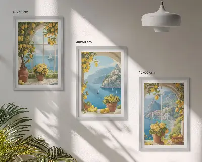 Wanddecoratieset schilderijen zeelandschappen met citroenen en ramen