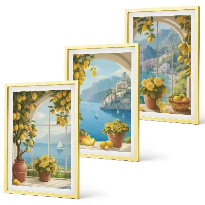 Wanddecoratieset schilderijen zeelandschappen met citroenen en ramen