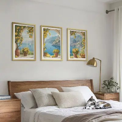 Wanddecoratieset schilderijen zeelandschappen met citroenen en ramen
