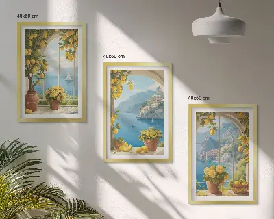 Wanddecoratieset schilderijen zeelandschappen met citroenen en ramen