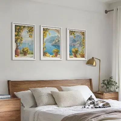 Wanddecoratieset schilderijen zeelandschappen met citroenen en ramen