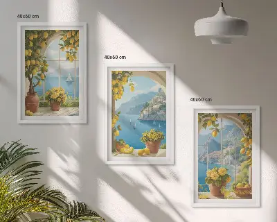 Wanddecoratieset schilderijen zeelandschappen met citroenen en ramen
