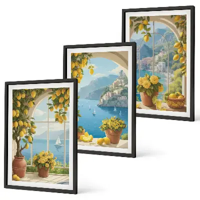 Wanddecoratieset schilderijen zeelandschappen met citroenen en ramen