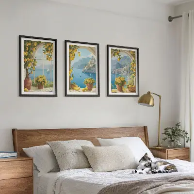 Wanddecoratieset schilderijen zeelandschappen met citroenen en ramen