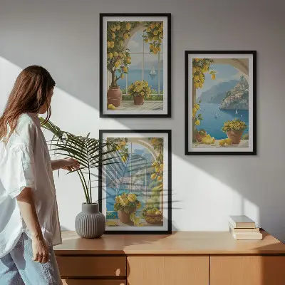 Wanddecoratieset schilderijen zeelandschappen met citroenen en ramen