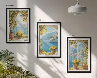 Wanddecoratieset schilderijen zeelandschappen met citroenen en ramen