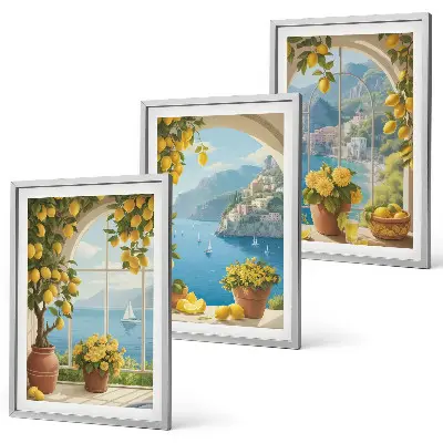 Wanddecoratieset schilderijen zeelandschappen met citroenen en ramen