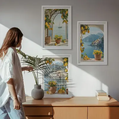 Fotowand met een kustdorpje met citroenen en bloemen
