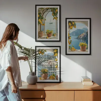 Fotowand met een kustdorpje met citroenen en bloemen