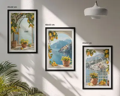 Fotowand met een kustdorpje met citroenen en bloemen