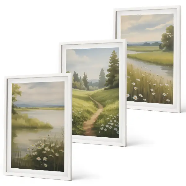 Wanddecoratie set schilderijen lente landschap met rivier en weide