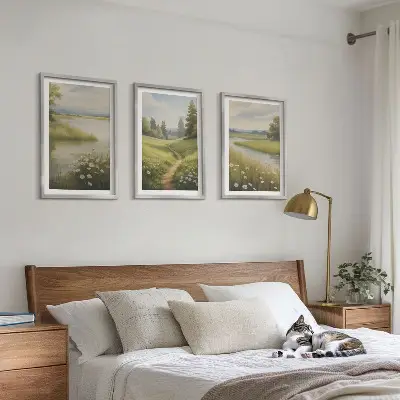 Wanddecoratie set schilderijen lente landschap met rivier en weide