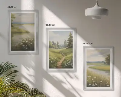 Wanddecoratie set schilderijen lente landschap met rivier en weide