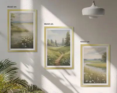 Wanddecoratie set schilderijen lente landschap met rivier en weide