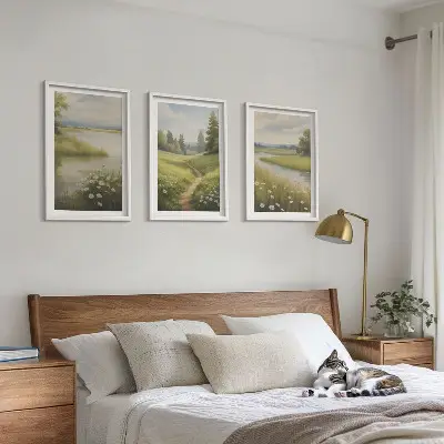 Wanddecoratie set schilderijen lente landschap met rivier en weide