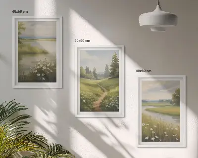 Wanddecoratie set schilderijen lente landschap met rivier en weide