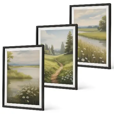 Wanddecoratie set schilderijen lente landschap met rivier en weide