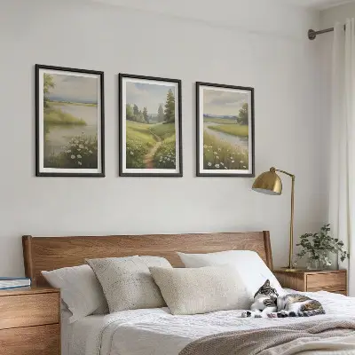 Wanddecoratie set schilderijen lente landschap met rivier en weide