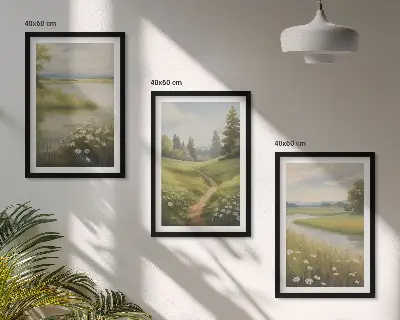 Wanddecoratie set schilderijen lente landschap met rivier en weide