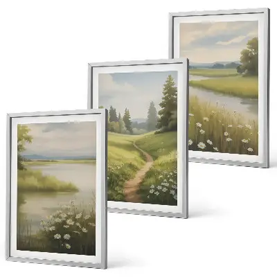 Wanddecoratie set schilderijen lente landschap met rivier en weide