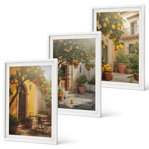 Wanddecoratieset schilderijen met zonnig terras en citrusplanten in potten