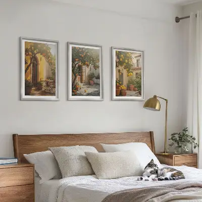 Wanddecoratieset schilderijen met zonnig terras en citrusplanten in potten